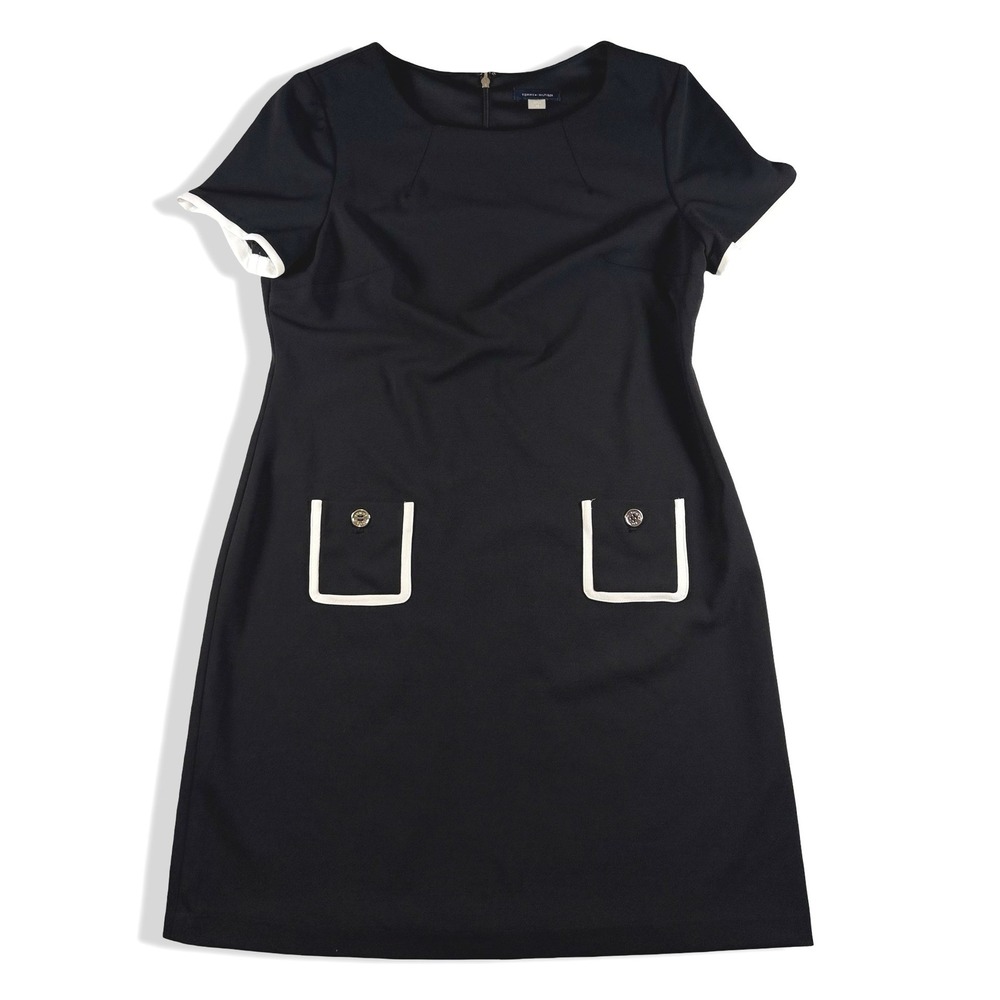 90s Tommy Hilfiger Womens Black White Trim Pocket Sheath Dress Size 12